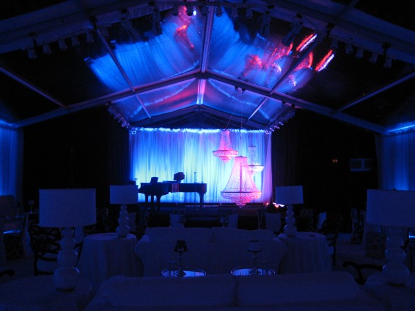 Dramatic Brookline party event space, with clear top structure at night, from Leavitt & Parris
