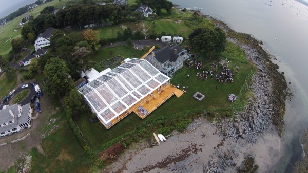 Aerial view of cleartop tent structure for Biddeford Pool, Maine wedding, set up by Leavitt & Parris