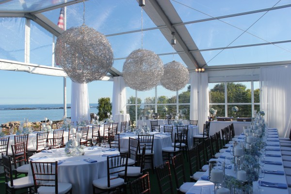 Interior decor and details, clearspan tent, set up for Kennebunkport, Maine party